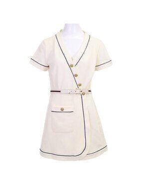Gucci White Blue Trim Jersey Dress Gold Button Wrap